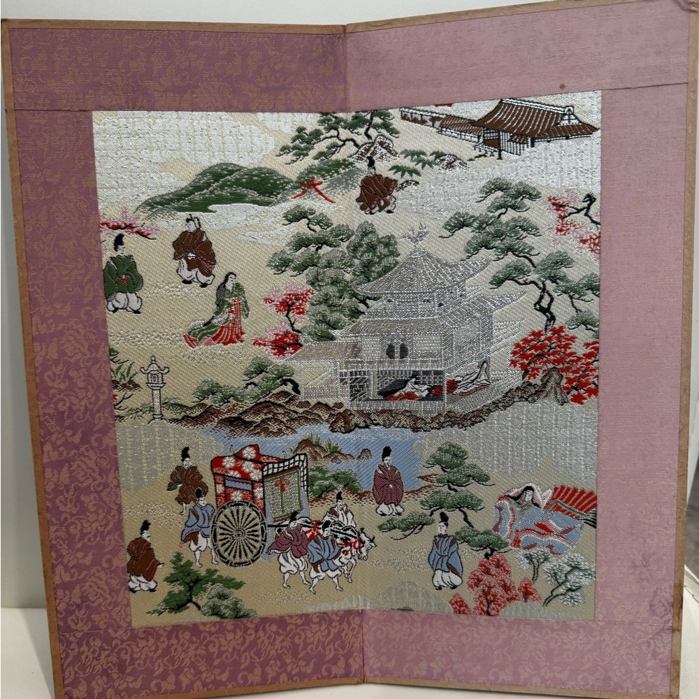 Japanese Kyonishiki Byobu Folding Screen Kyoto framed silk thread tapestry